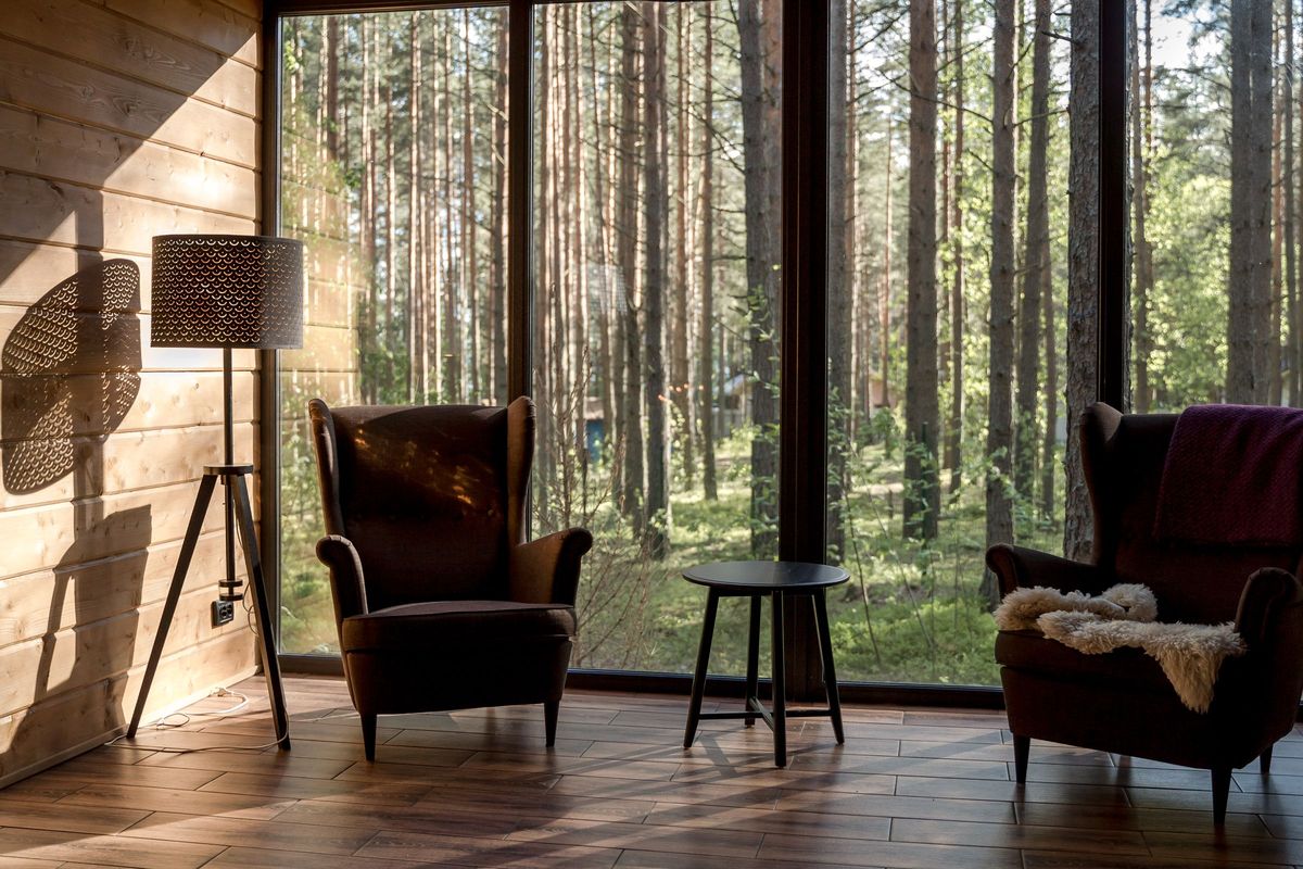 Wingback chairs beside tall windows onto the forest