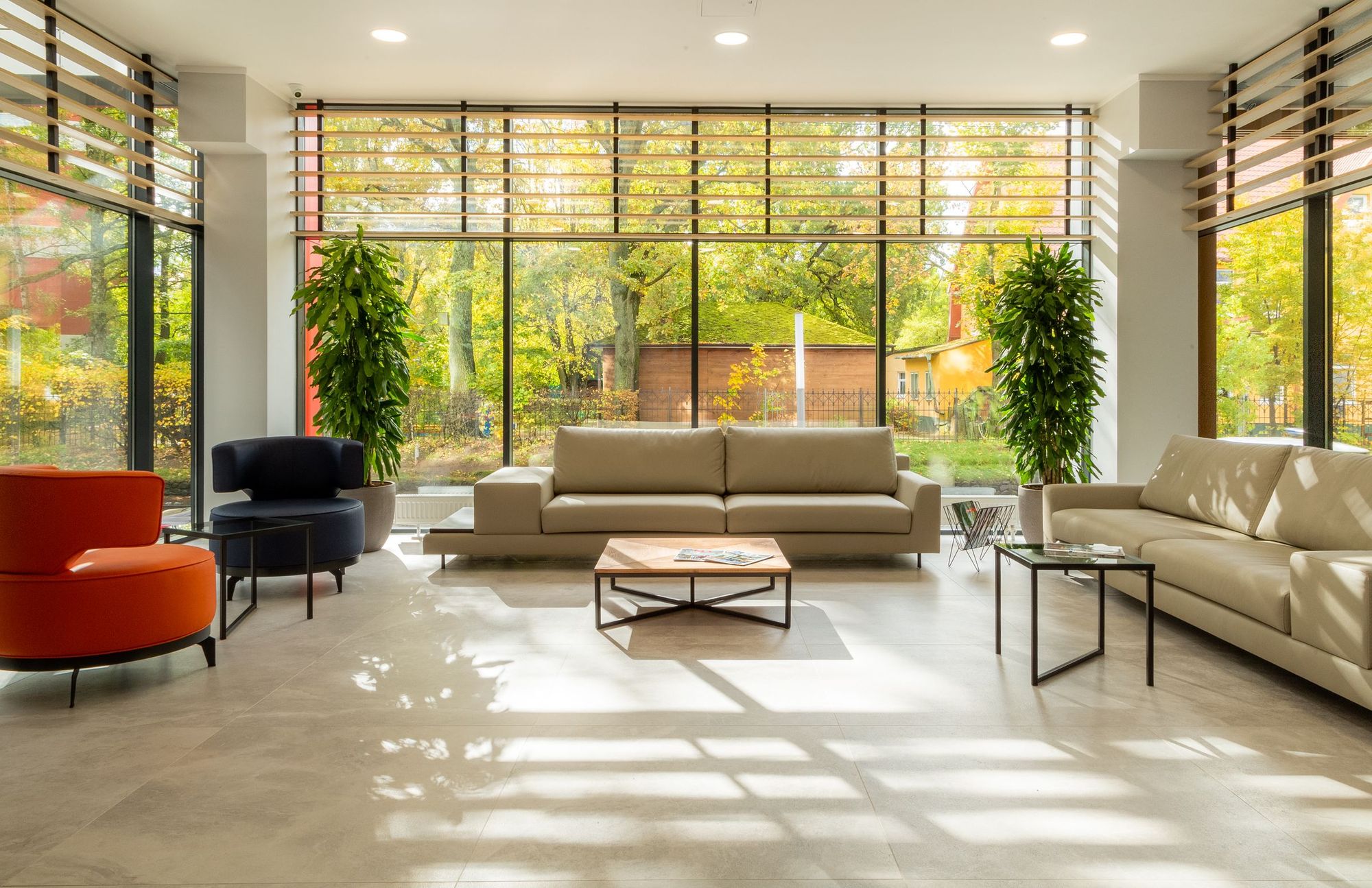 Modern living room with a wall of windows, plants and sunlight
