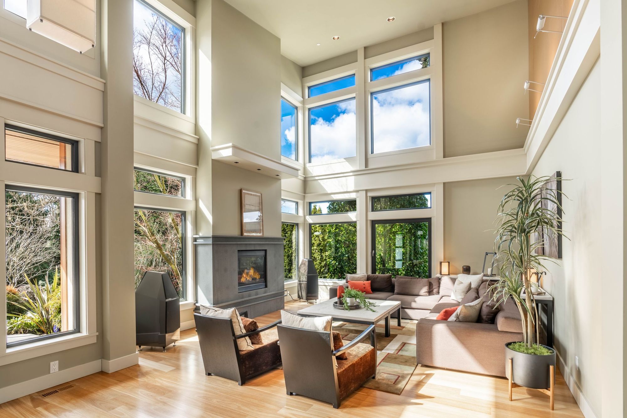 Two-story living room with tall windows and plants